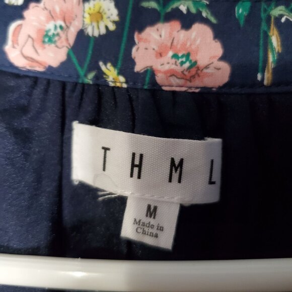 THML Navy Floral Long Sleeve, V Neck, Shirt Dress, M - Picture 7 of 10